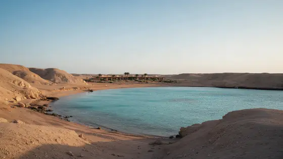A calm bay between desert hills in Marsa Alam