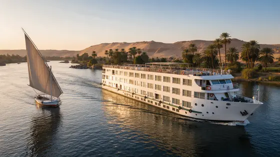 A Nile cruise ship and a felucca at sunset